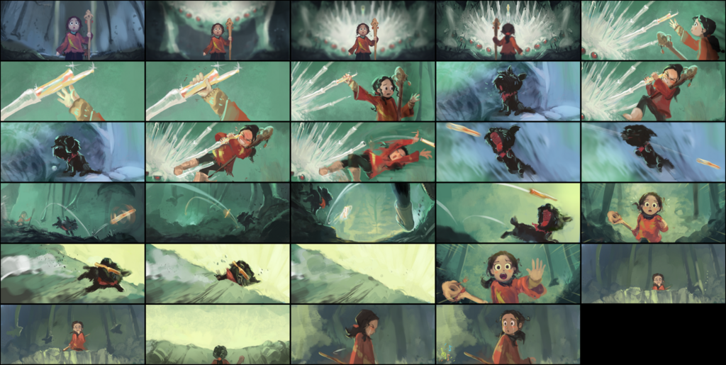 Concept art storyboard panels showing sequential scene planning