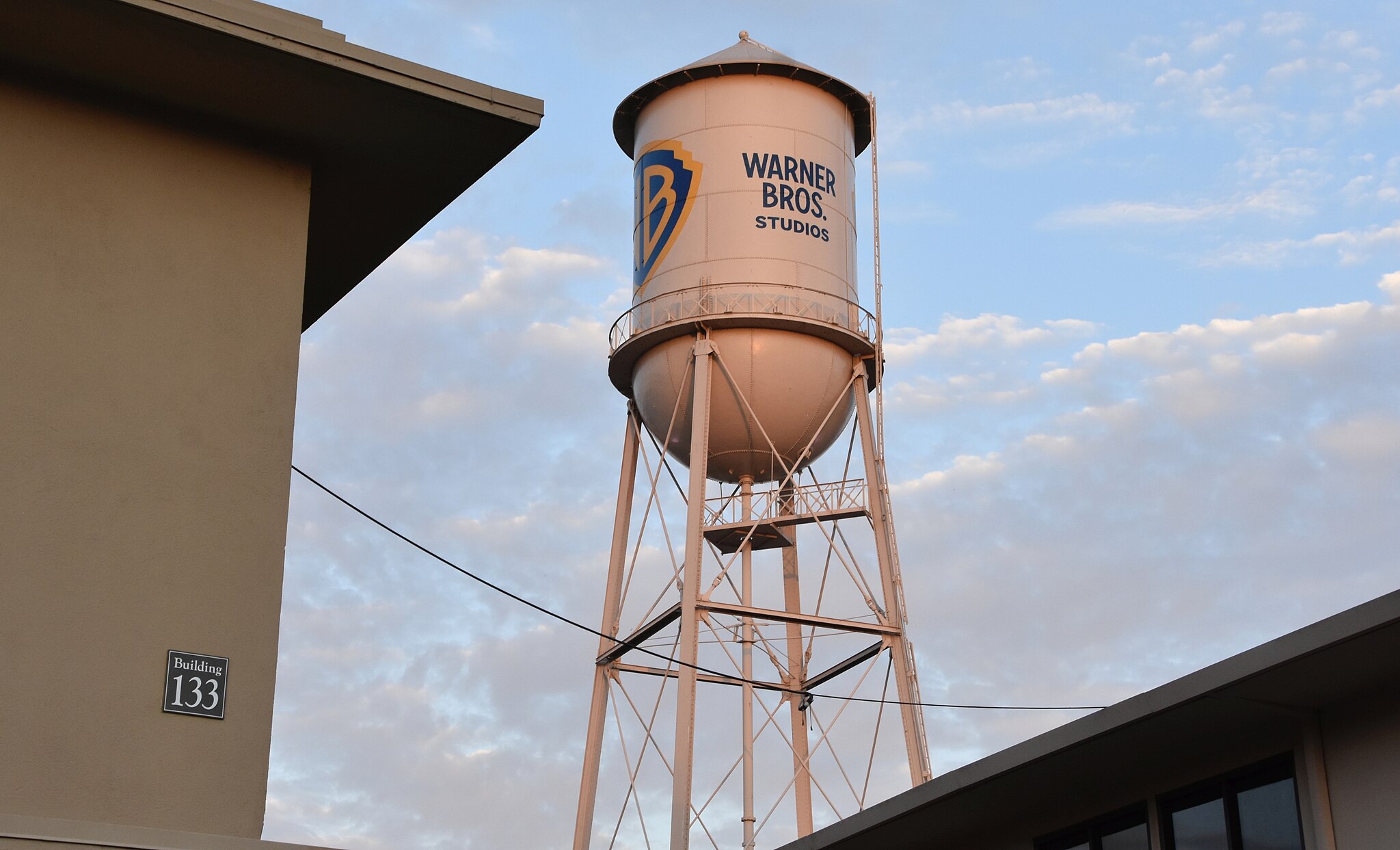 Warner Bros Studios water tower with iconic WB shield logo