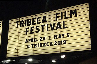 Tribeca Film Festival marquee sign on Franklin Street in New York City