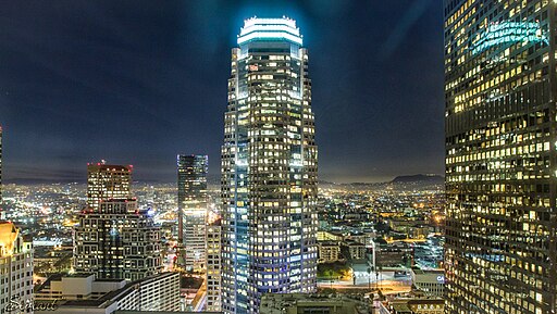 Los Angeles skyline at sunset with bright city lights