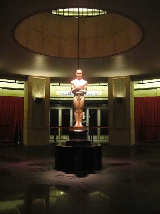 Giant Oscar statuette on display outside the Dolby Theatre during preparations for the 84th Academy Awards