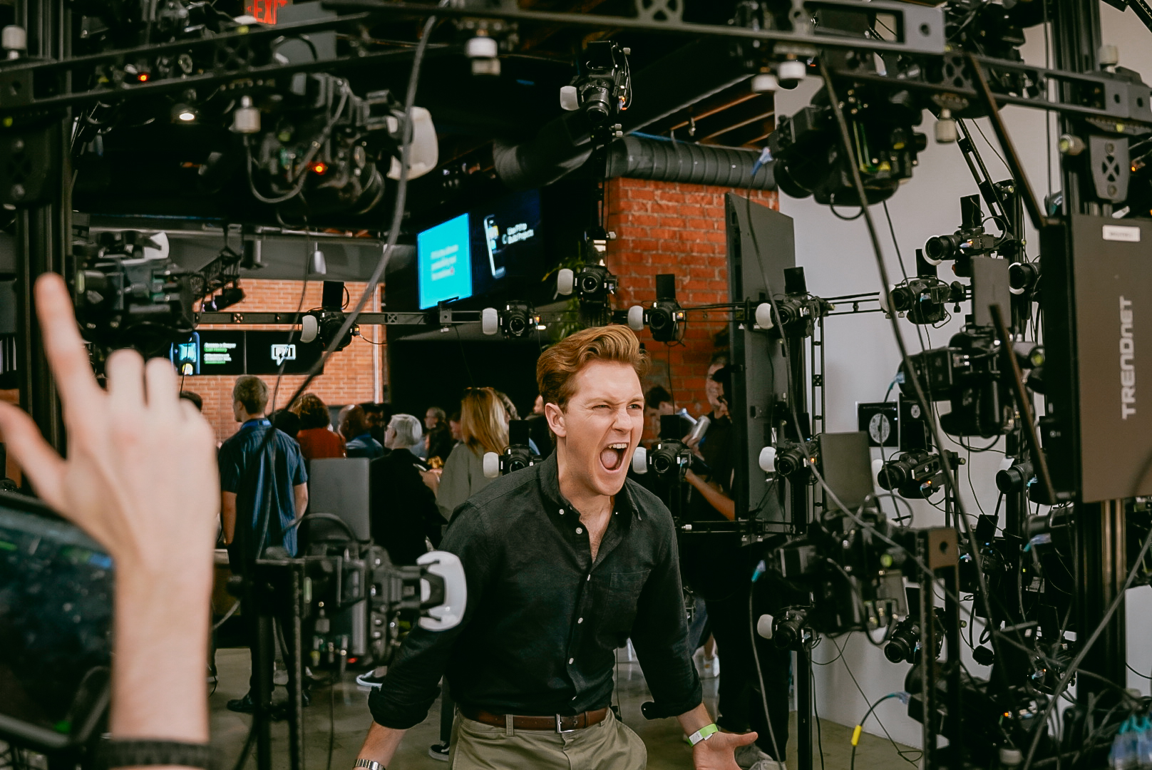 Quinn Halleck demonstrating AI filmmaking technology in an interactive session at AI on the Lot 2023