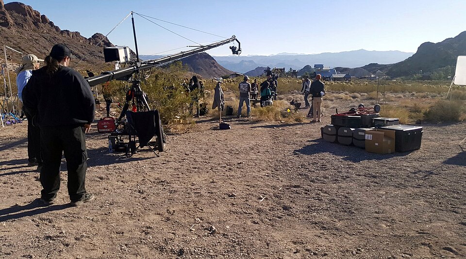 Film production set showing crew and equipment on a professional shoot
