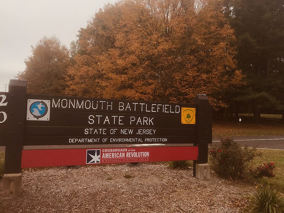 Entrance sign to Monmouth Battlefield State Park in New Jersey, site of a key 1778 Revolutionary War engagement