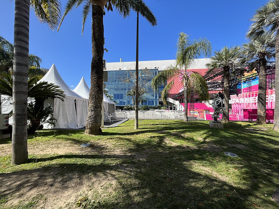 Palais des Festivals in Cannes decorated with banners during the CANNESERIES event in April 2023