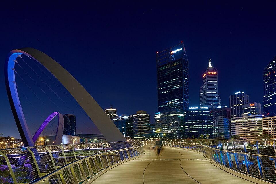 City skyline of Perth, Western Australia at dusk viewed from an elevated vantage point