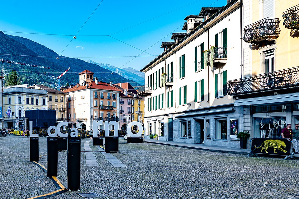 The Piazza Grande outdoor cinema at the 78th Locarno Film Festival at night