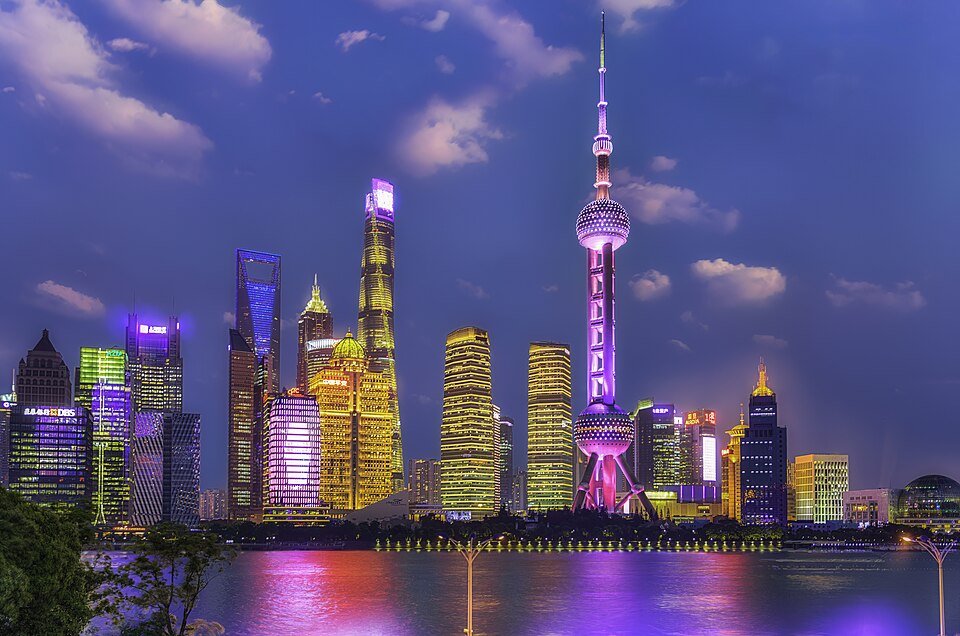 Pudong CBD financial district viewed from the North Bund in Shanghai
