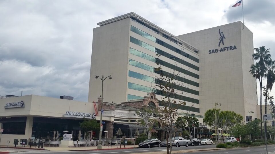 SAG-AFTRA headquarters building in Los Angeles with the union's logo displayed on the facade