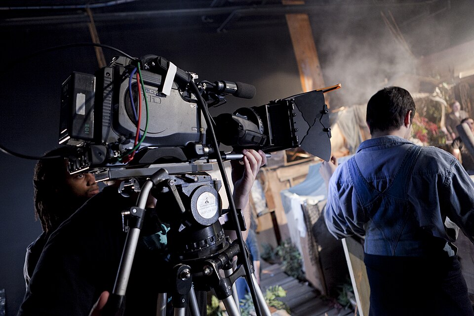 A film production set at Vancouver Film School showing crew and equipment