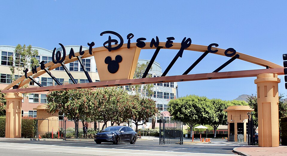 Entrance to Walt Disney Studios in Burbank, California with studio signage