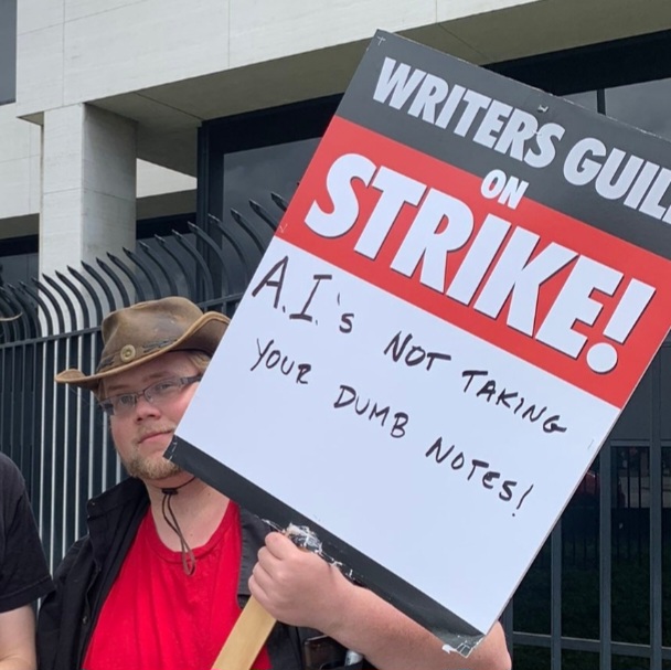WGA strike protest sign reading No AI held during the 2023 writers strike in Hollywood