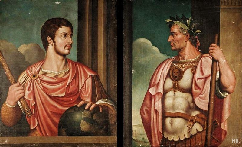 Portraits of Augustus and Julius Caesar depicted in the style of Titian, showing the two men whose legacies shaped the final years of the Roman Republic