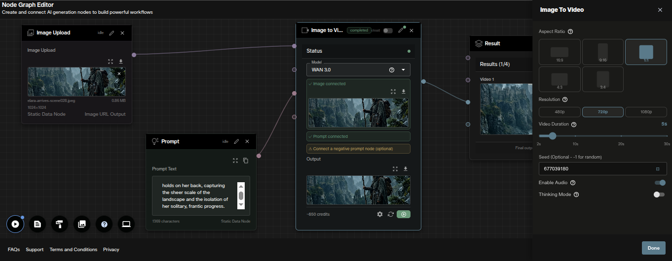 WAN 3.0 Image to Video node settings sidebar with aspect ratio, resolution, duration and seed