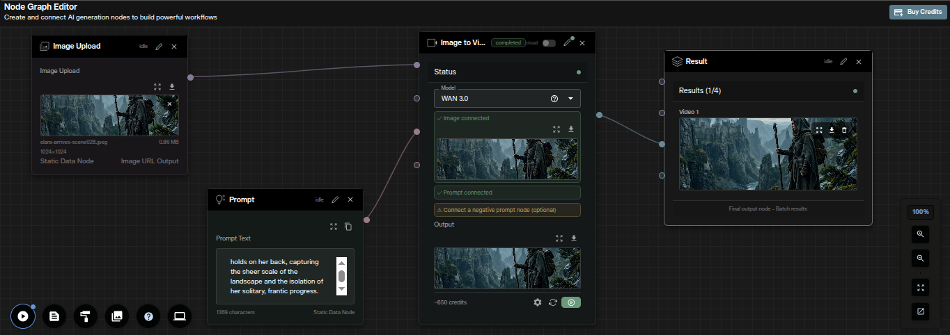 Nodes Graph Editor with Image Upload and Prompt nodes feeding a WAN 3.0 Image to Video node