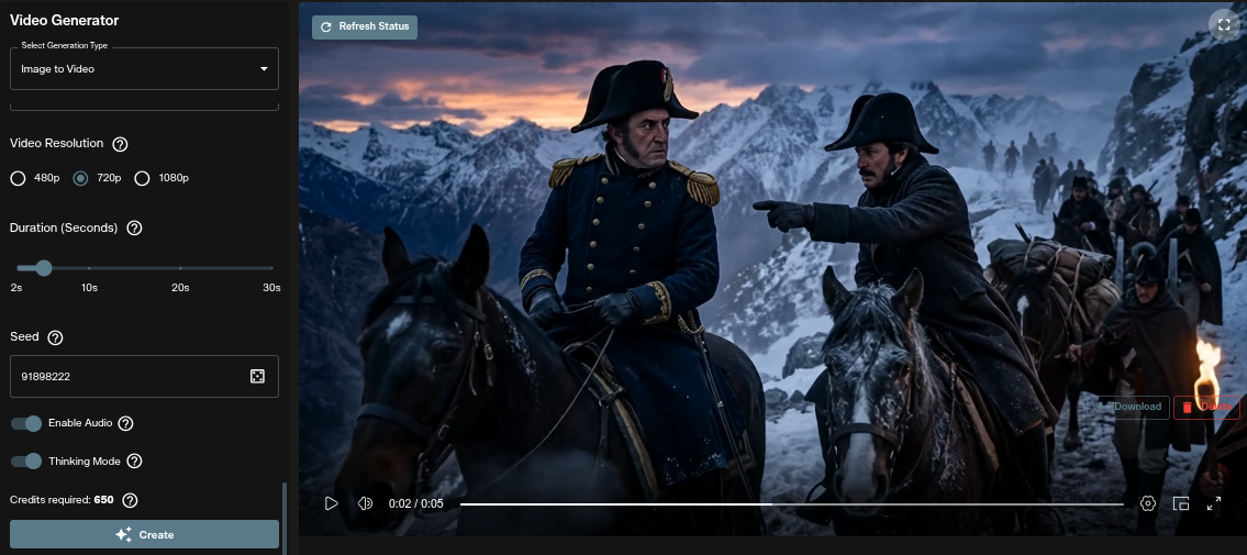 WAN 3.0 image to video workspace showing resolution, duration, seed, toggles and Credits required 650