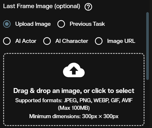 Last Frame Image section for WAN 3.0 image to video, marked optional, with five routes