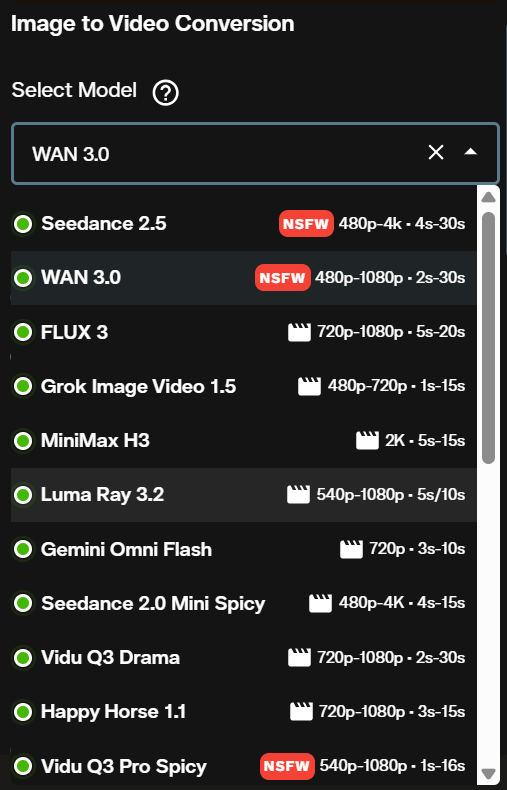 Image to video model dropdown with WAN 3.0 at 480p to 1080p and 2 to 30 seconds