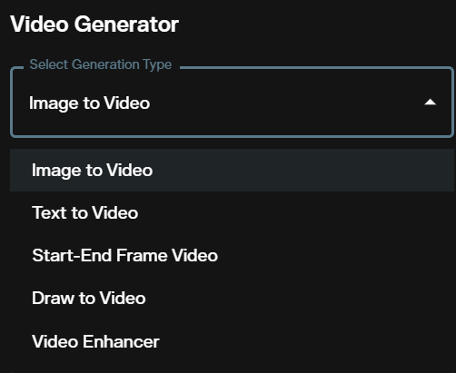 Generation type dropdown in the video workspace with Image to Video selected