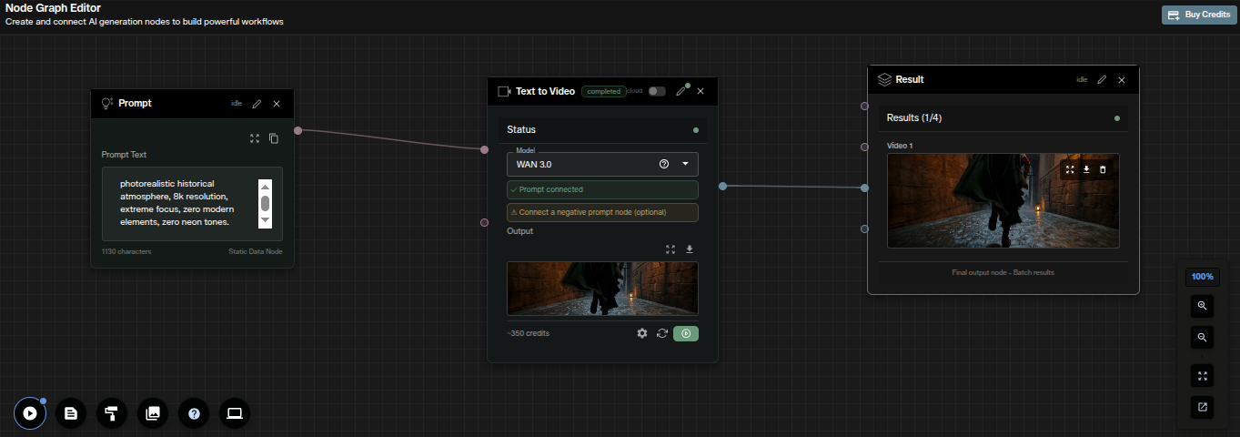 Nodes Graph Editor with a Prompt node feeding a WAN 3.0 Text to Video node and a Result node
