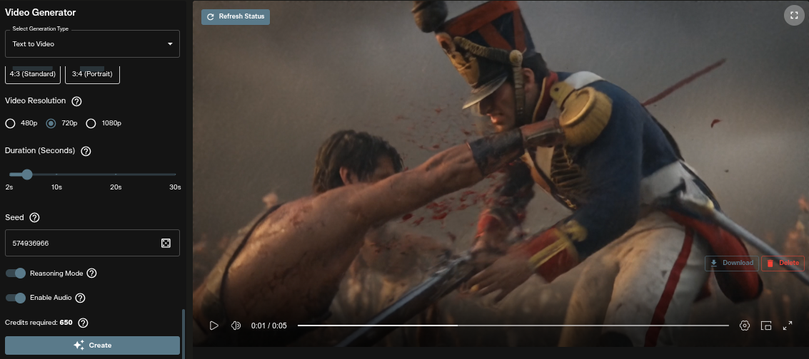 Lower half of the WAN 3.0 text to video form showing seed, toggles and Credits required 650