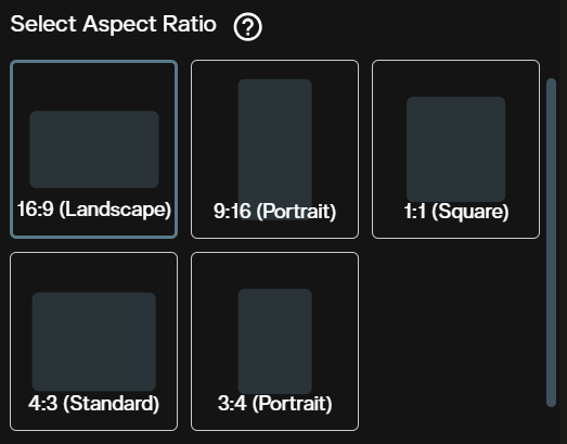 Aspect ratio tiles for WAN 3.0 text to video showing five frame shapes