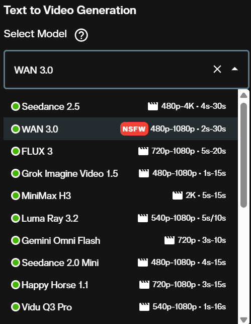Model dropdown showing WAN 3.0 at 480p to 1080p and 2 to 30 seconds with an NSFW badge