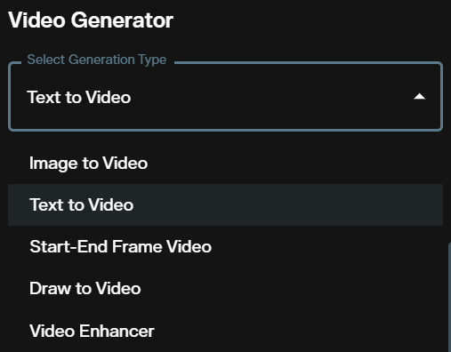 Generation type dropdown open in the video workspace with Text to Video selected