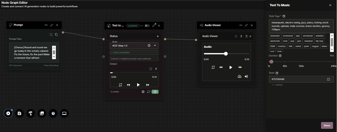 Nodes Graph Editor with a Prompt node connected to a Text To Music node running ACE-Step 1.5