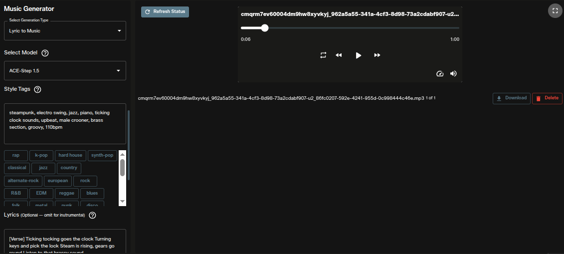 AI FILMS Studio Music Generator with ACE-Step 1.5 selected and a generated track in the player