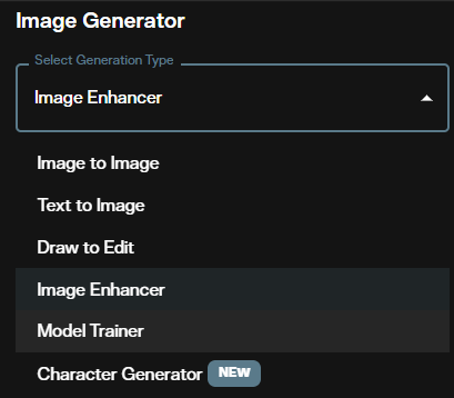 AI FILMS Studio image workspace generation type dropdown with Image Enhancer option selected