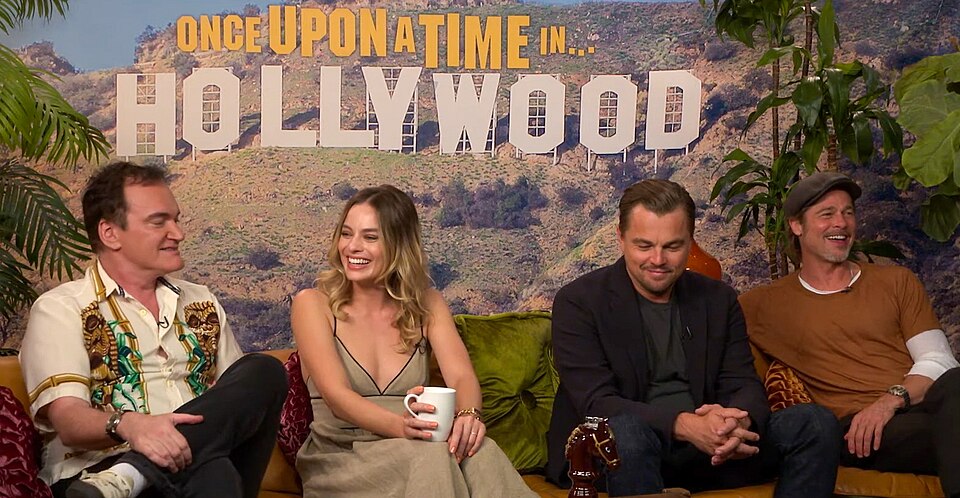Quentin Tarantino, Margot Robbie, Leonardo DiCaprio and Brad Pitt in a press interview