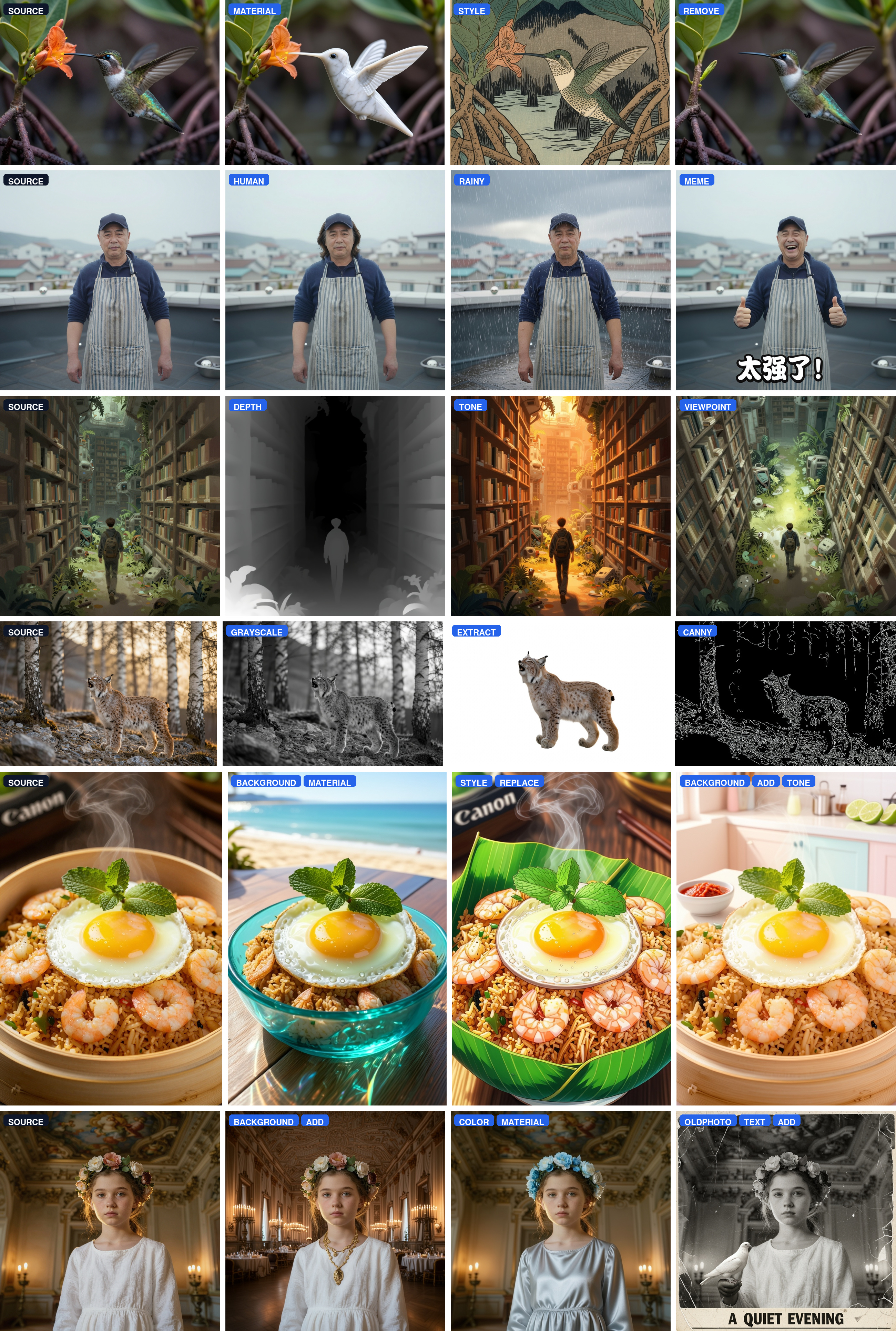 Instruction based editing examples showing Mage-Flow modifying images in response to text instructions