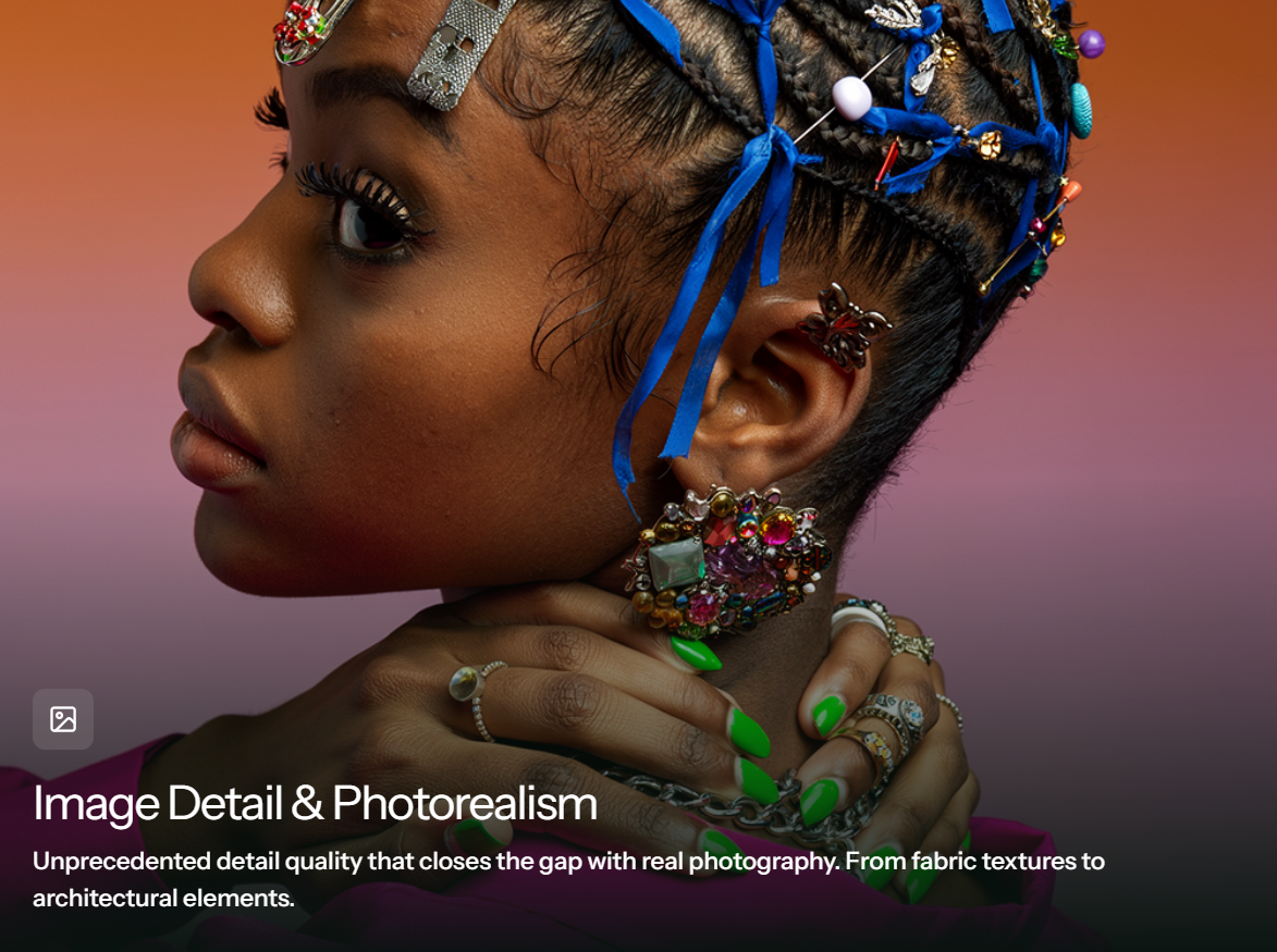 Close-up portrait showing photorealistic detail in jewelry, fabric, and skin textures