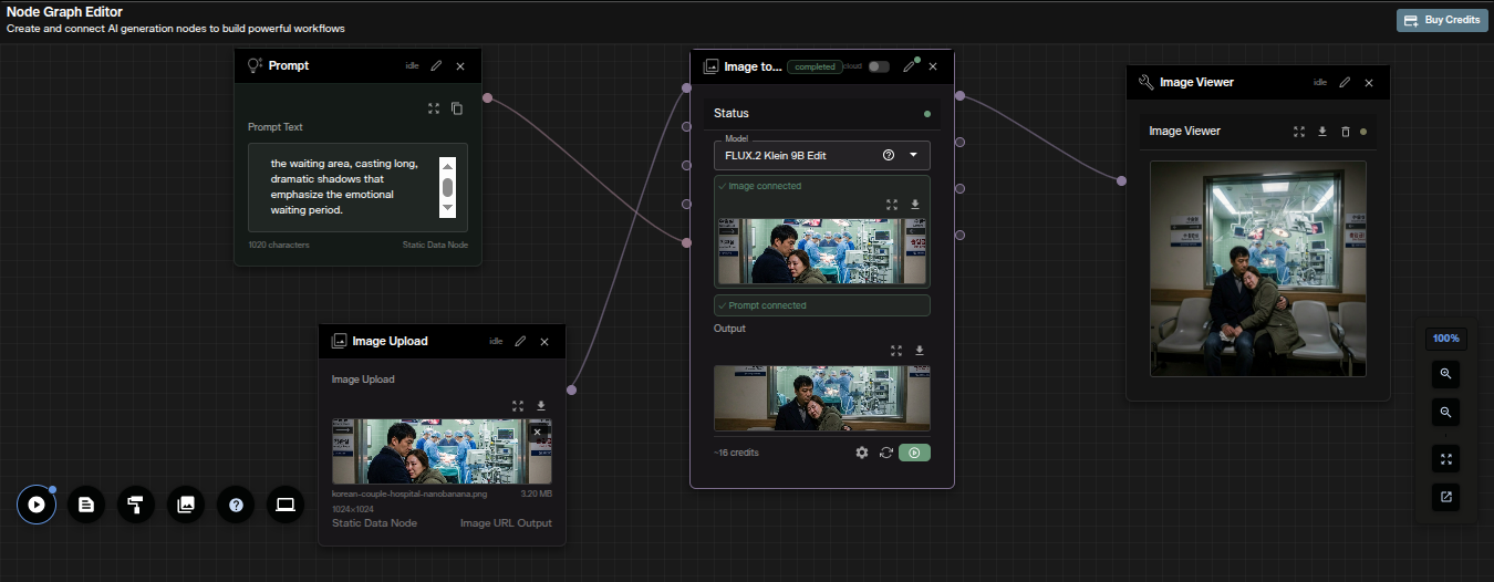 FLUX.2 Klein 9B Edit image to image node workflow in AI FILMS Studio Nodes Graph Editor