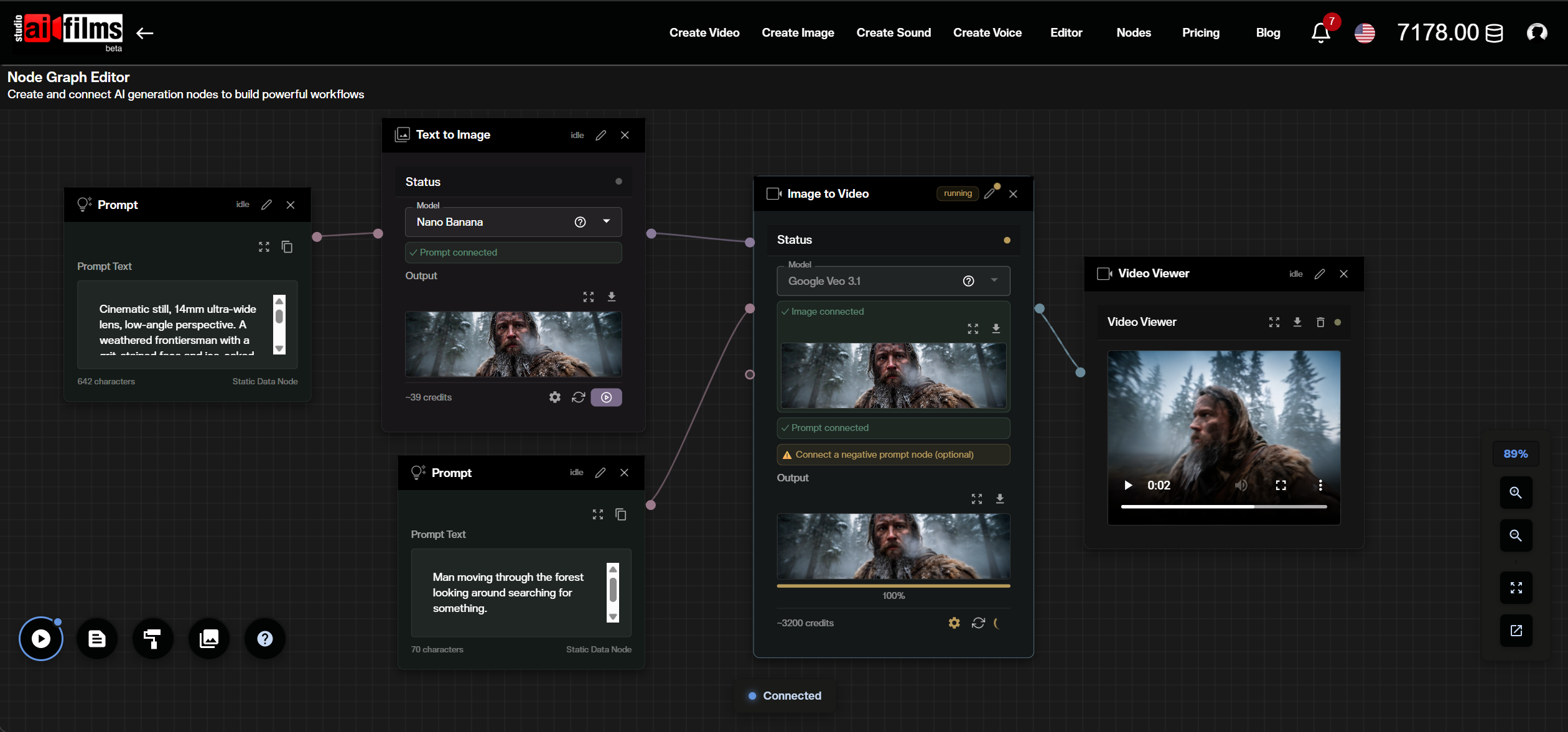 AI FILMS Studio node graph editor showing a multi step pipeline from image generation to narrated video
