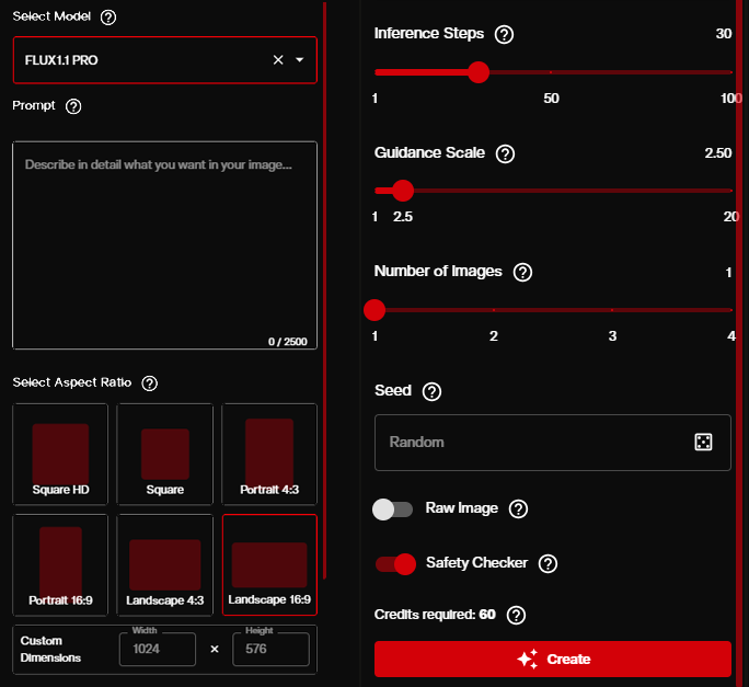 FLUX.1.1 PRO Ultra parameter panel showing guidance scale, inference steps, and aspect ratio options
