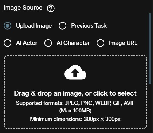 Image Source section with Upload Image, Previous Task, AI Actor, AI Character and Image URL options