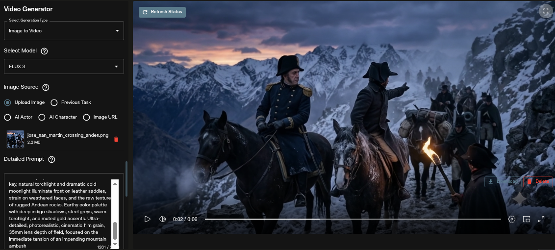 FLUX 3 image to video workspace interface with an uploaded source frame on AI FILMS Studio