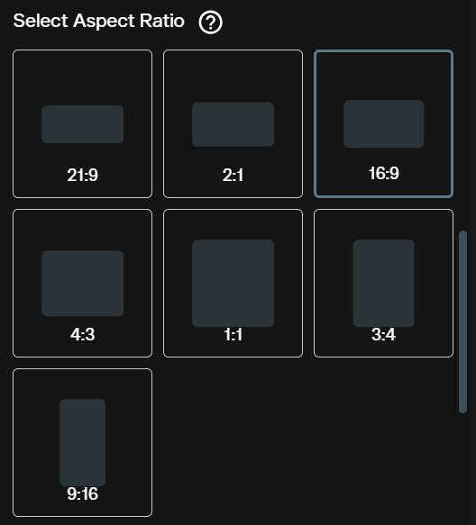 FLUX 3 start and end frame aspect ratio tiles showing 21:9, 2:1, 16:9, 4:3, 1:1, 3:4 and 9:16