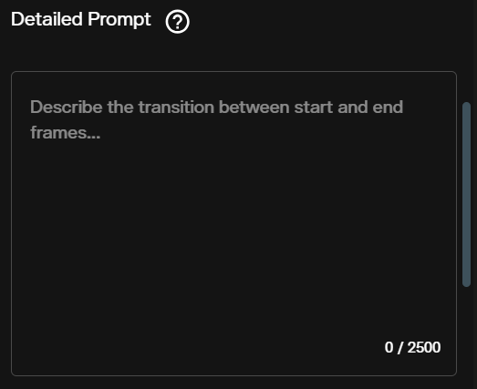 Detailed Prompt field asking for the transition between start and end frames on AI FILMS Studio