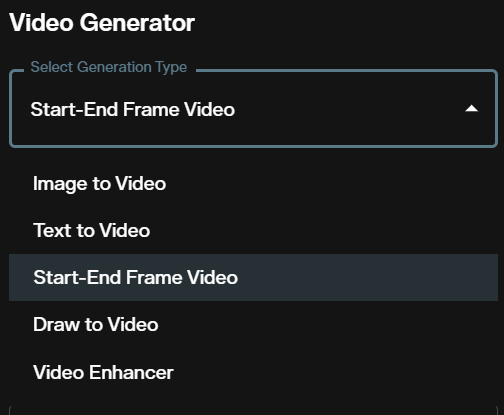 Select Generation Type dropdown showing Start-End Frame Video in the AI FILMS Studio video workspace