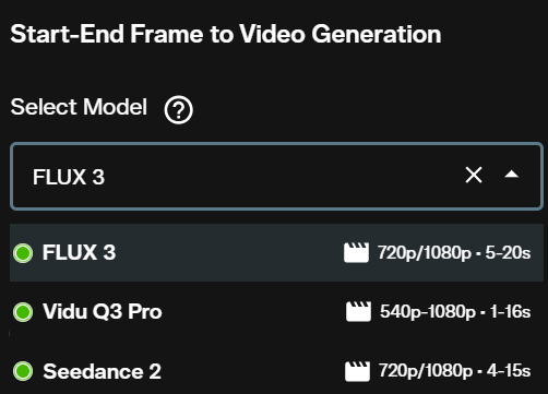 Model dropdown showing FLUX 3, Vidu Q3 Pro and Seedance 2 for start and end frame video on AI FILMS Studio