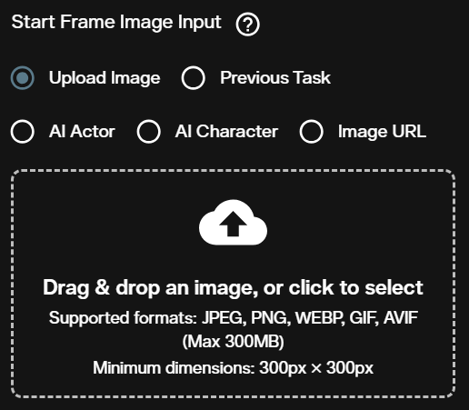 Start Frame Image Input section with Upload Image, Previous Task, AI Actor, AI Character and Image URL options