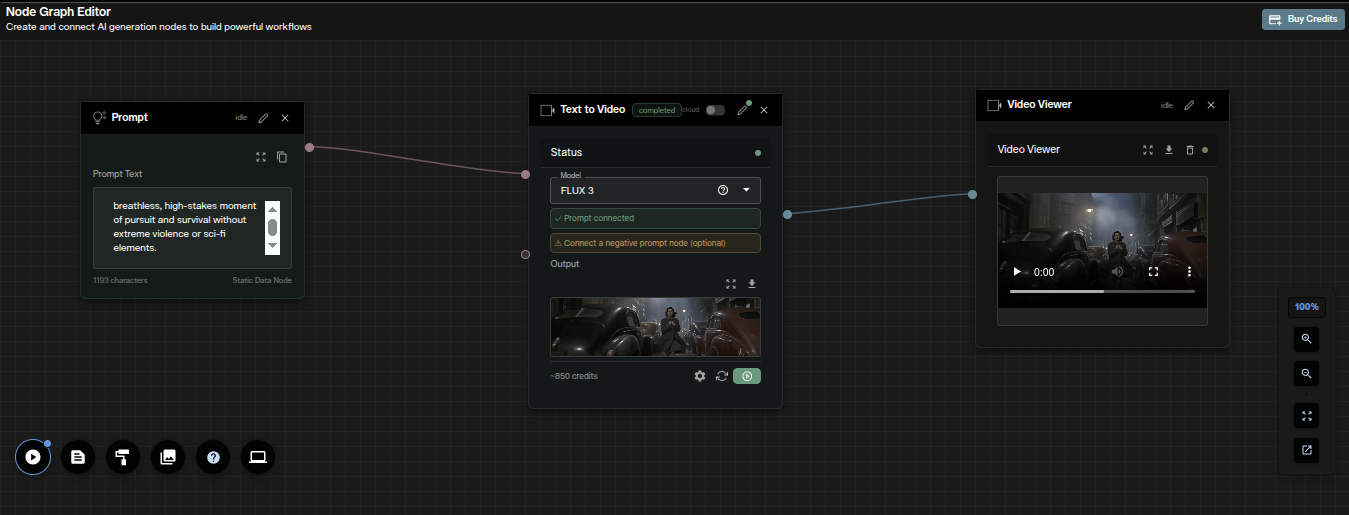 FLUX 3 text to video node workflow connecting Prompt, Text to Video and Video Viewer