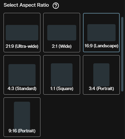 FLUX 3 aspect ratio tiles showing 21:9, 2:1, 16:9, 4:3, 1:1, 3:4 and 9:16 options