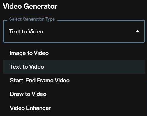 Select Generation Type dropdown showing Text to Video in the AI FILMS Studio video workspace