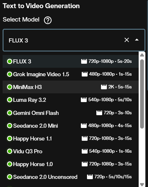Model dropdown showing FLUX 3 at 720p to 1080p and 5 to 20 seconds on AI FILMS Studio