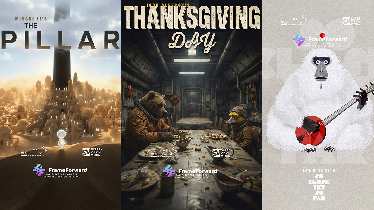 Frame Forward AI Film Festival finalists panel showing the three competing films