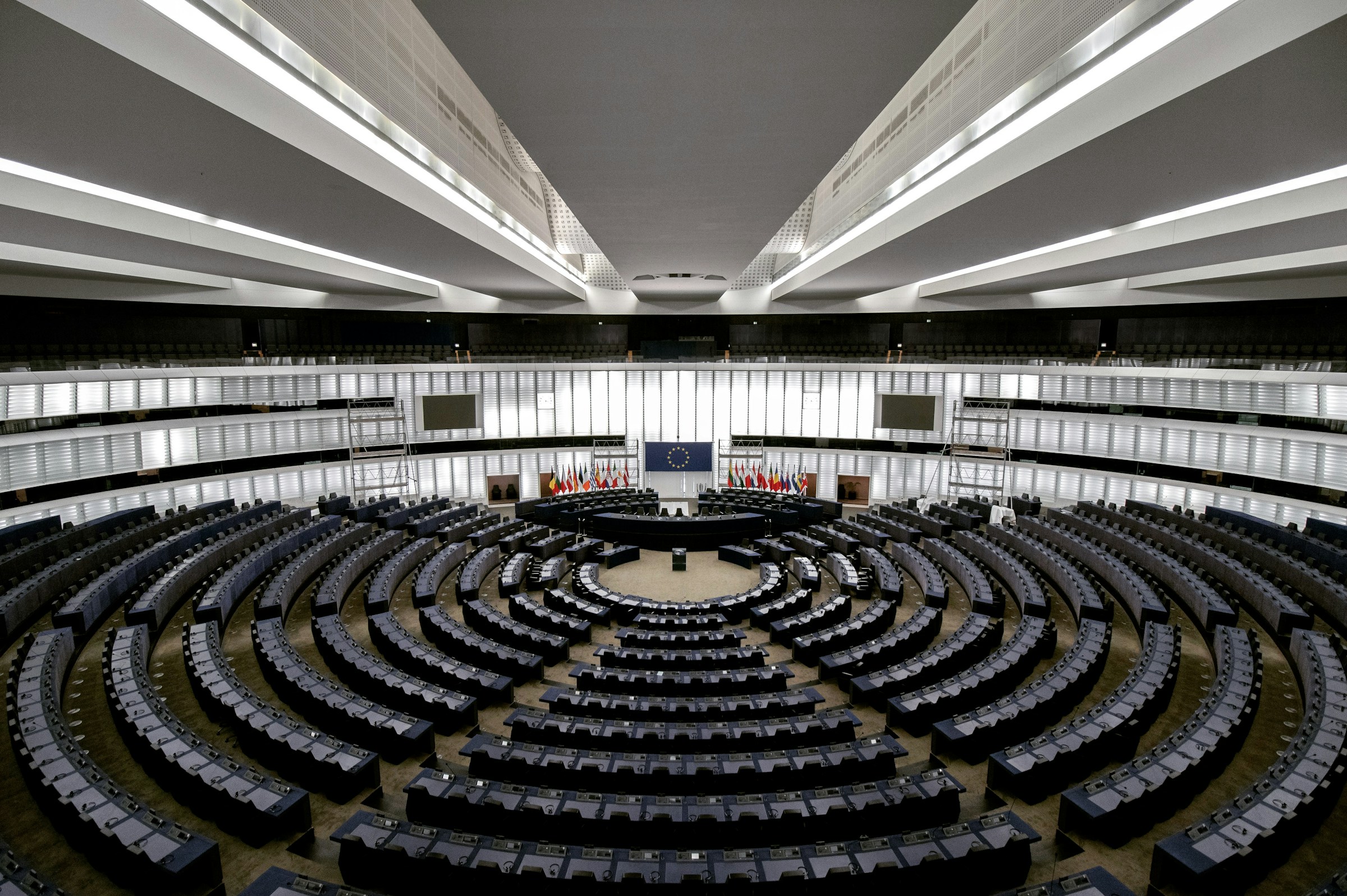European Parliament hemicycle, empty chamber in concentric rows (Strasbourg)